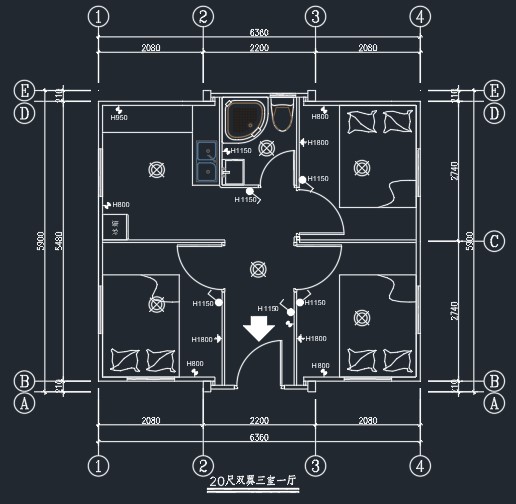 Three bedrooms, one living room, one kitchen and one bathroom